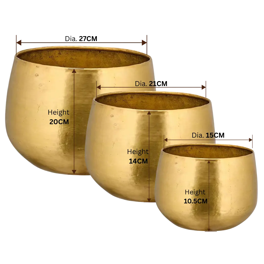 Brass planters size guide showing small, medium, and large dimensions