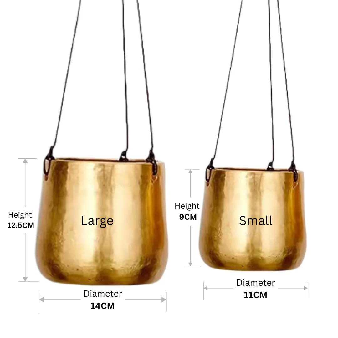Brass hanging planter size comparison showing large and small dimensions