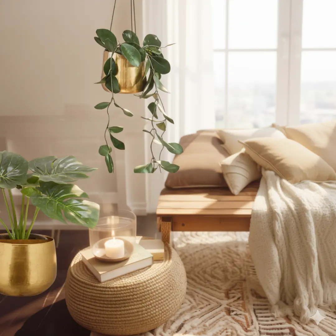 Brass hanging planter close-up showing texture and leather cord