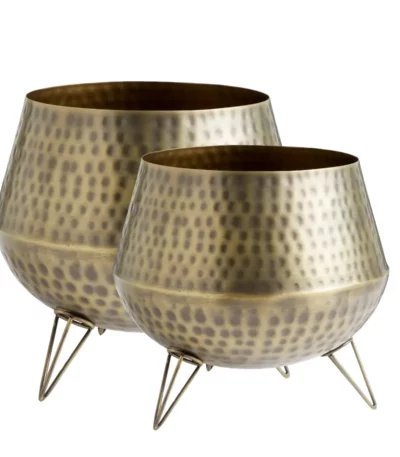 Vintage Hammered Brass Planting Pots with Tripod Stand