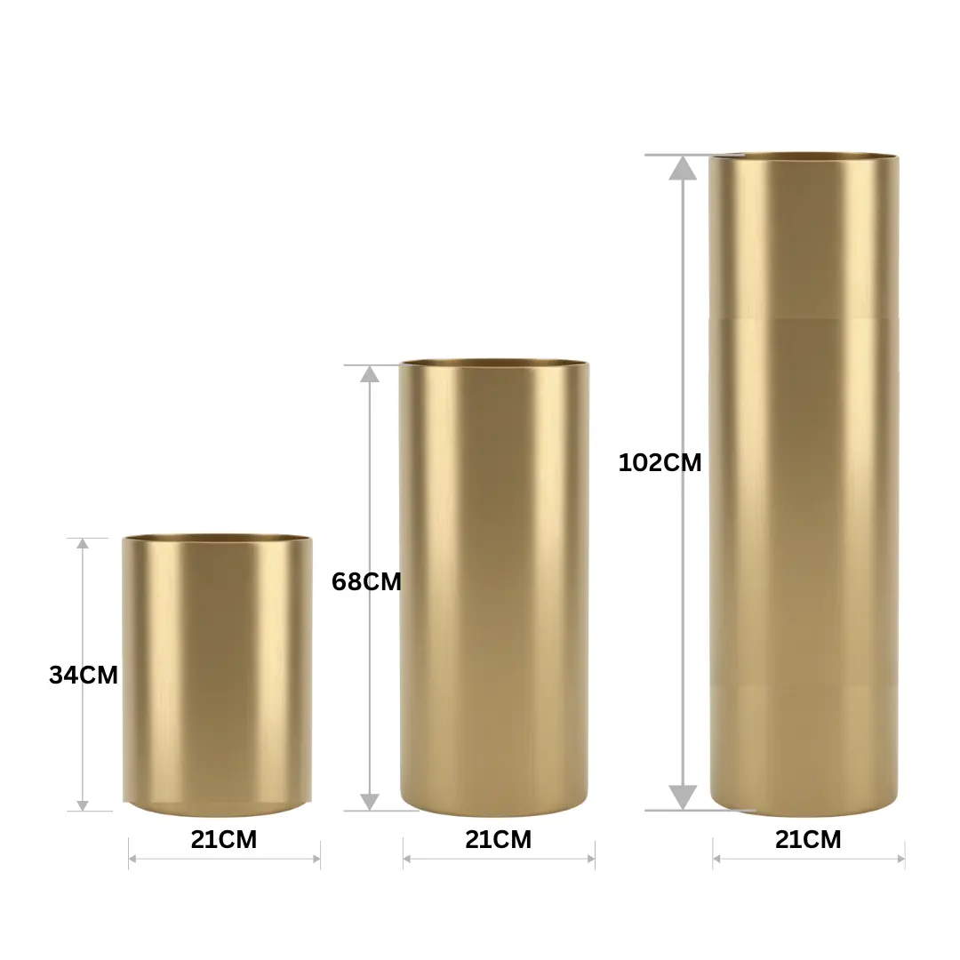 Size comparison of brushed brass planter set showing 34cm, 68cm, and 102cm heights