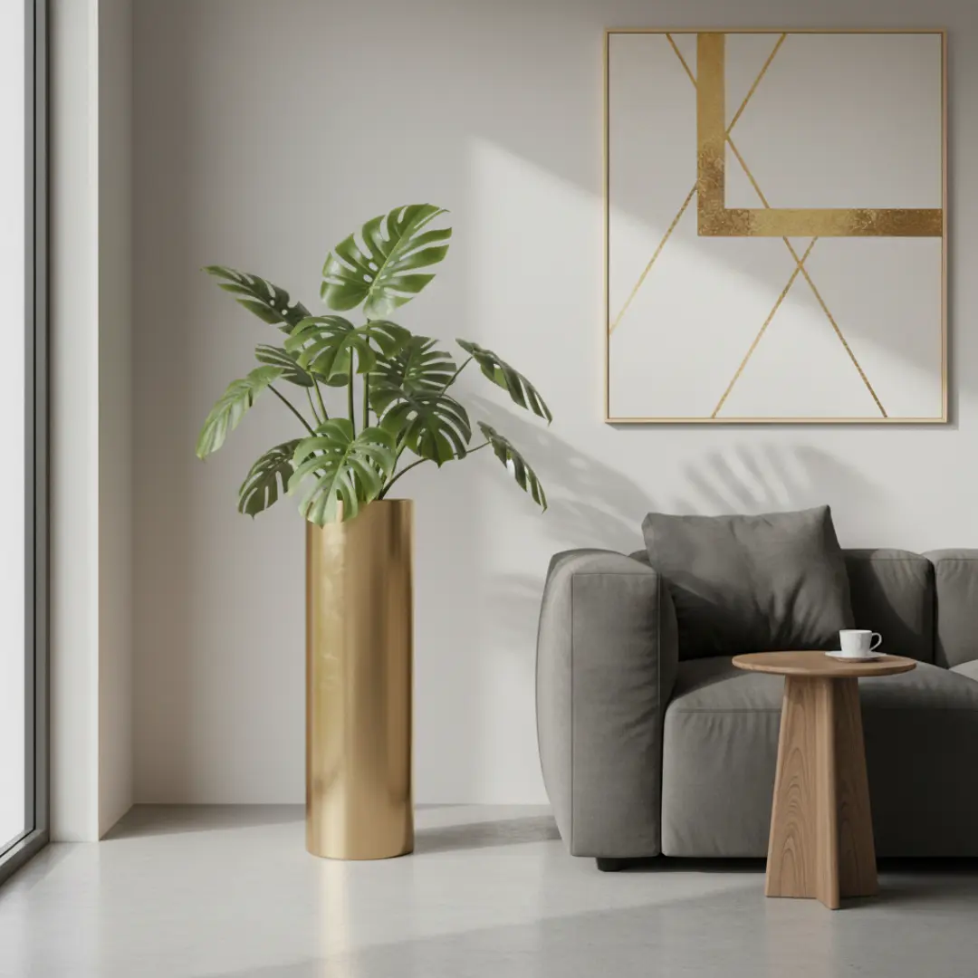 Large brushed brass planter in modern living room