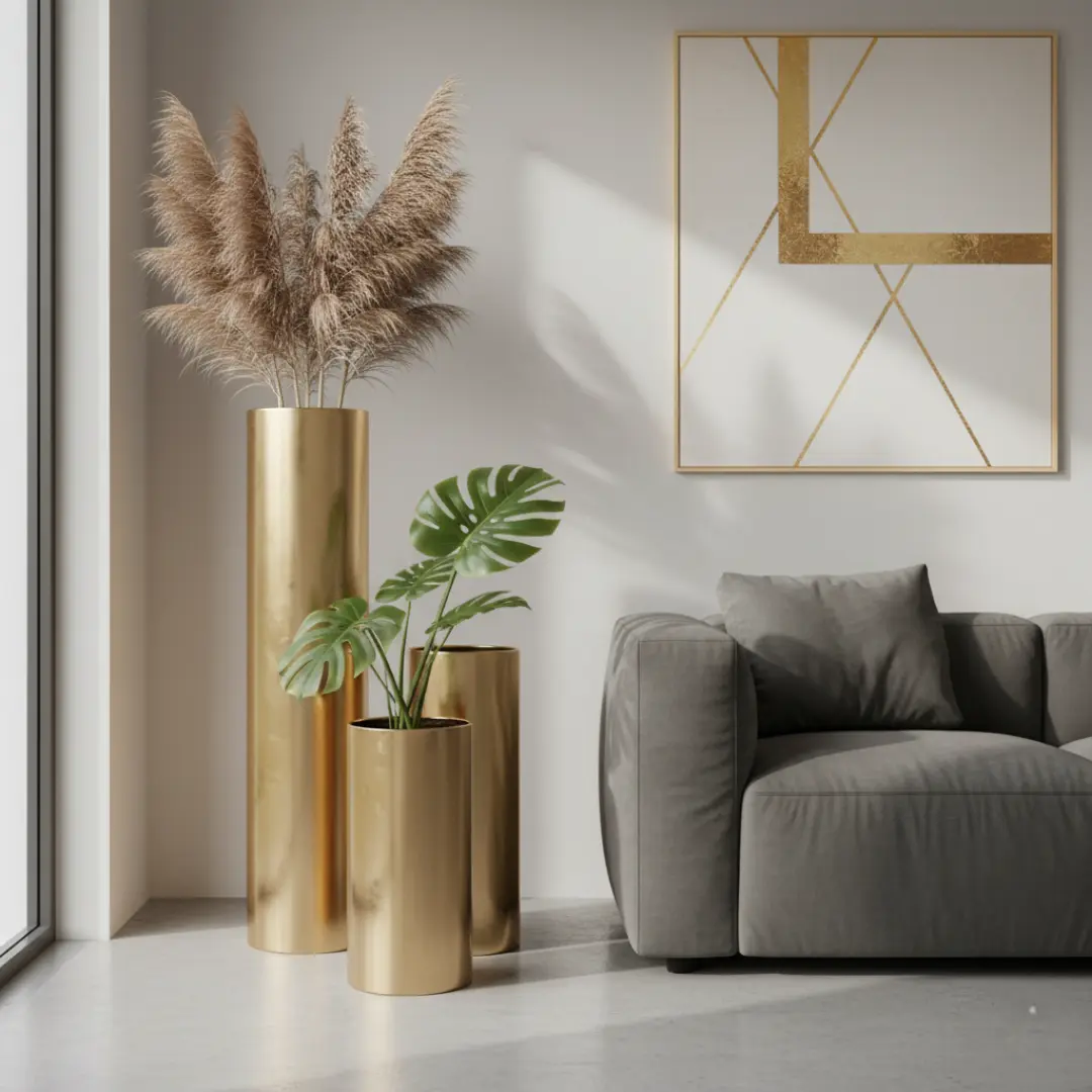 Modern brushed brass planter cylinder set of three